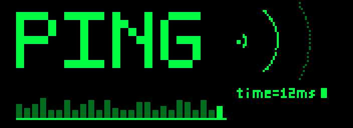 PING: pixel-art banner with a sonar ping and latency readout